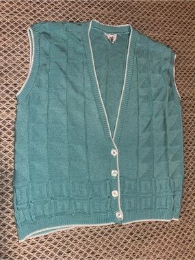Vintage 80s Leslie Fay Haberdashery Teal Texture Knit Sweater Vest
